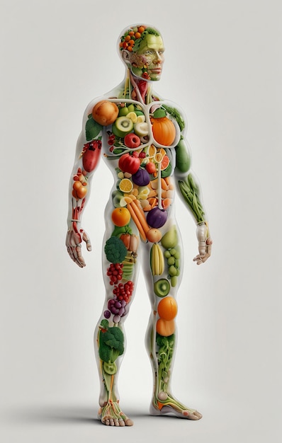 Schema van het menselijk lichaam van vegetariër van fruit en groenten Concept van gezonde voeding en vegetariër