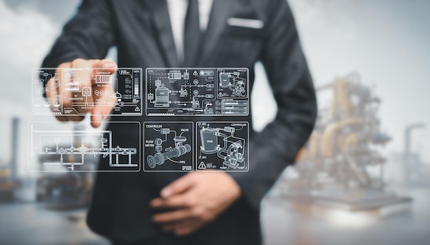 Schema van leidingen en instrumenten Systeemcontrolepersoneel Ingenieurs inspecteren productieprocessen op holografische schermen in de industrie waarop verschillende leidingen en controlesystemen binnen de fabriek te zien zijn