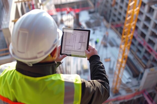 Foto schema voor professionele bouwcontroles op tabletcomputers op de bouwplaats