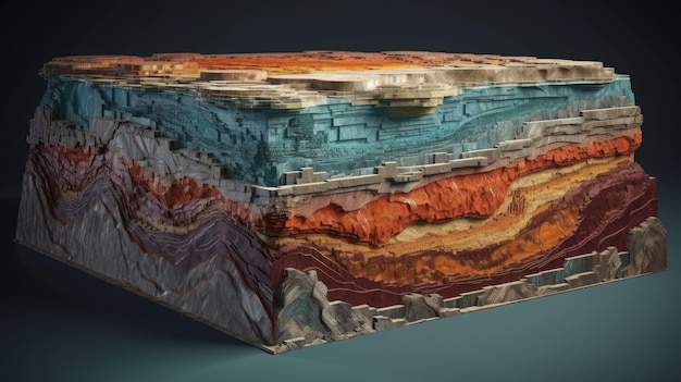 Schematische samenvatting gesneden geologische structuur van aardlagen met mineralen Generatieve ai