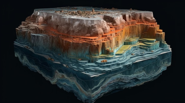 Schematische samenvatting gesneden geologische structuur van aardlagen met mineralen Generatieve ai