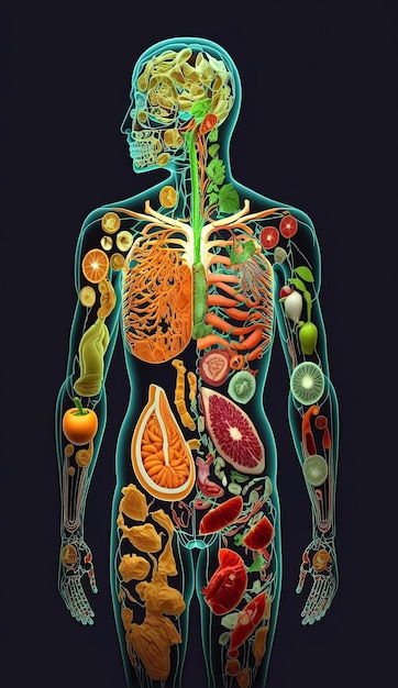 Scheme of human body of vegetarian of fruits and vegetables on black background Concept of healthy nutrition and vegetarianism Generative AI illustration