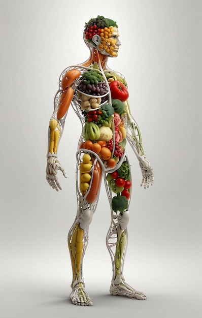 Схема человеческого тела вегетарианца фруктов и овощей Концепция здорового питания и вегетариана