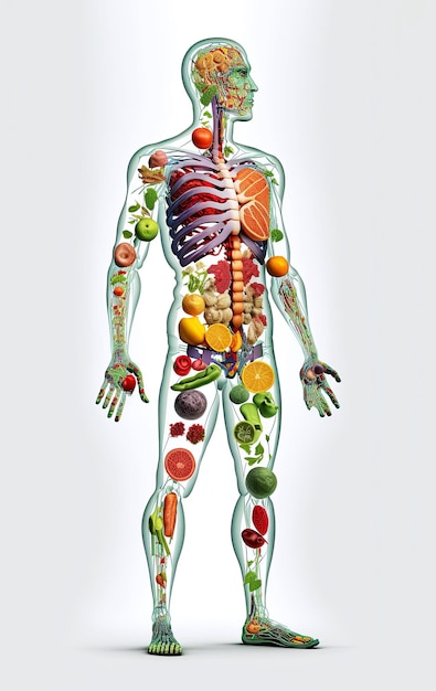 Foto schema del corpo umano di vegetariano di frutta e verdura concetto di alimentazione sana e vegetarismo su sfondo bianco illustrazione dell'ia generativa