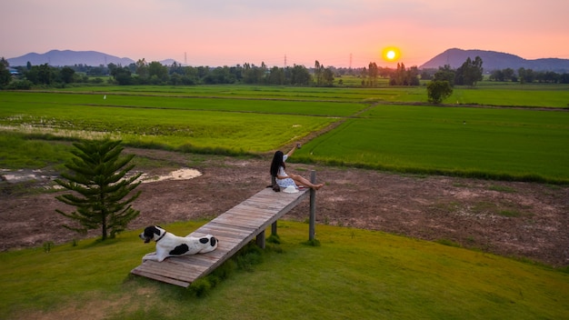 Schemering landschap groene rijst landbouwgebied en mooie vrouwen selfie op de brug en een hond voorgrond