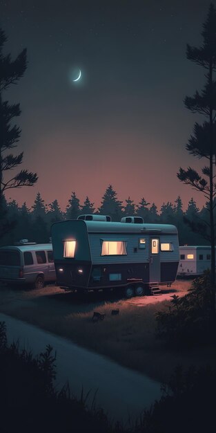 Schemering op een kampeerplaats met caravans