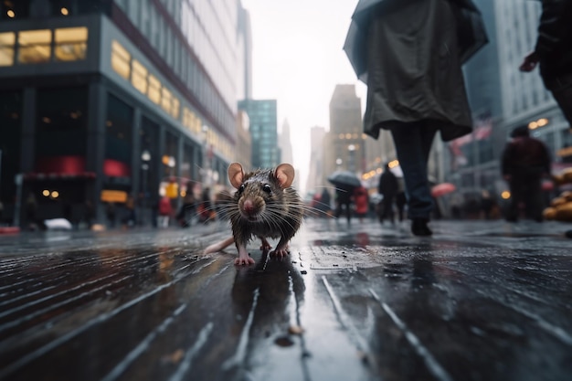 Schemering van een rat die door een drukke stadsstraat navigeert