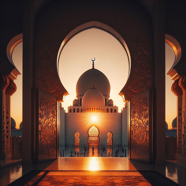 Schemerscene met warme gloed van de ondergaande zon die de deur van de moskee verlicht en het silhouet van de koepel