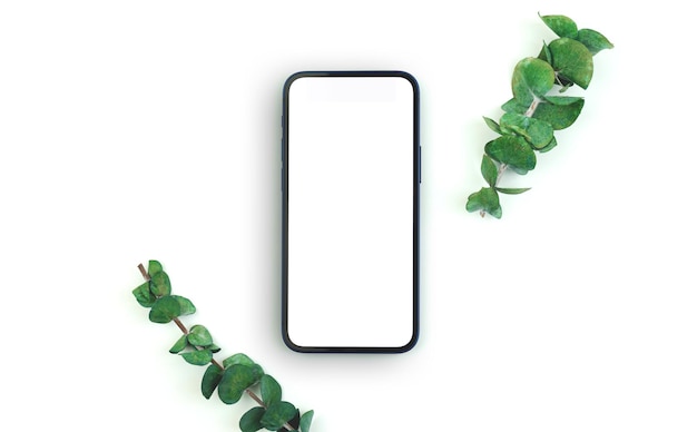 Scherm plat lag mockup, leeg scherm van mobiele telefoon met groene takken, foto met bloemenachtergrond