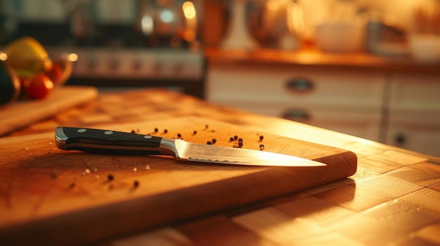 Foto scherp chef-kokken mes op een houten snijplank met warme keukenverlichting