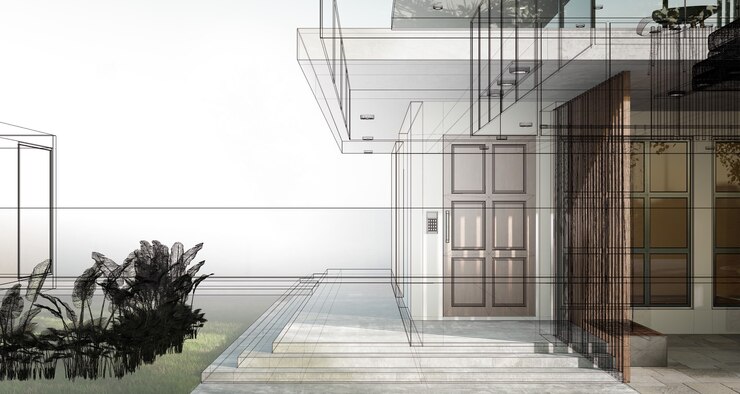 Schets en schets van een modern gezellig huis dat werkelijkheid wordt. 3d illustratie