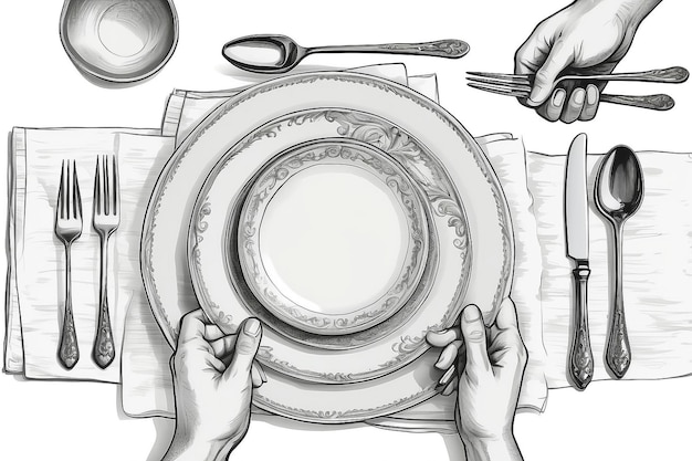 Schets handen met bestek Top uitzicht op vintage gerecht op de eettafel Vork en mes in de armen