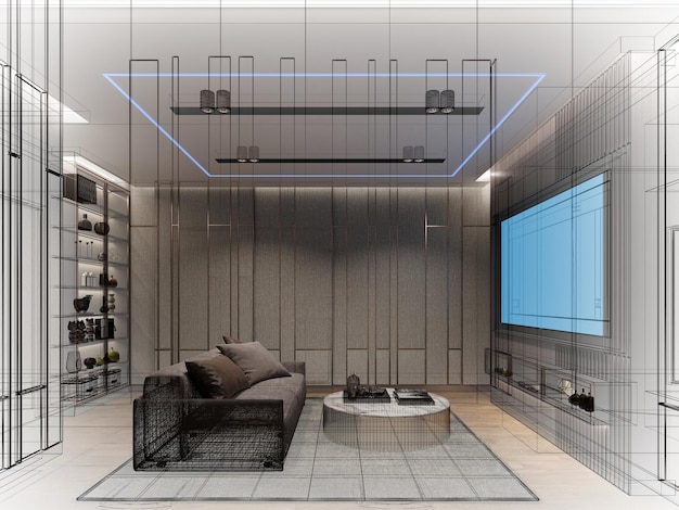 Schets ontwerp van interieur thuisbioscoop 3D-rendering