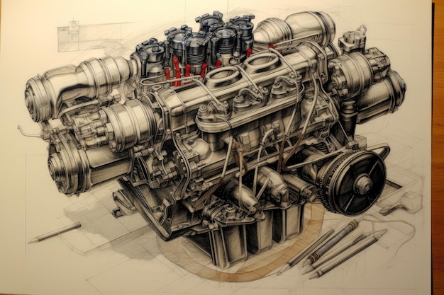 Schets van de motor van een auto getekend door een ingenieur