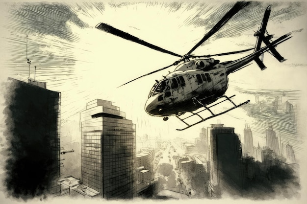 Schets van een helikopter in de lucht met uitzicht op het stadsbeeld en de zon schijnt gemaakt met generatieve ai