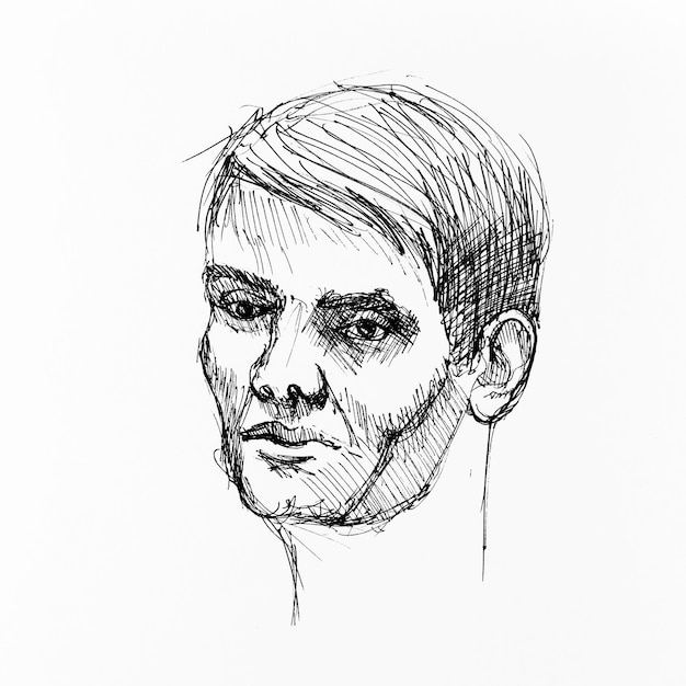 Foto schets van een jonge man die met zwarte inkt op wit papier met de hand tekent