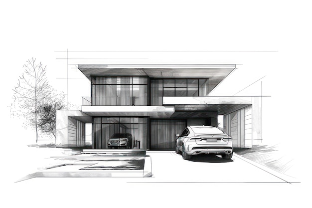 Schets van een modern huisproject met een auto voorin geïsoleerd op een stevige witte achtergrond