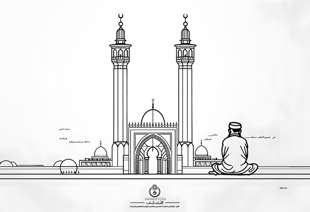 Foto schets van moskee en palmbomen met de hand getekende vectorillustratie