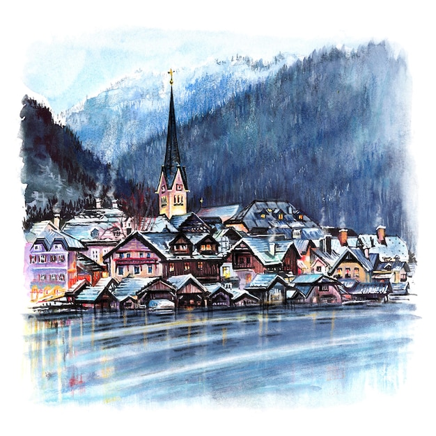 Schets van nacht Hallstatt Oostenrijk