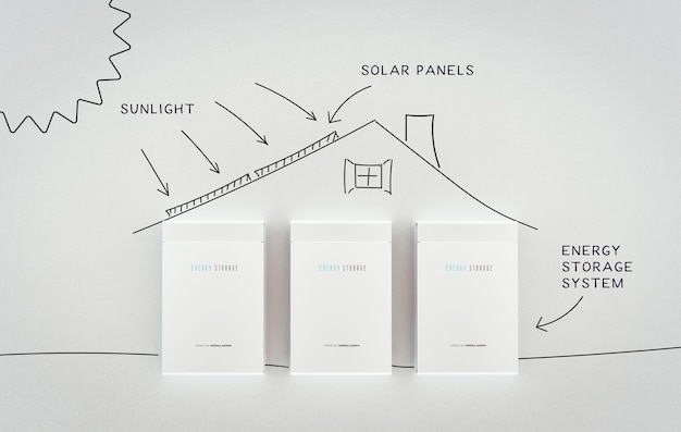 Schetsillustratie van een energieopslagsysteem voor thuisbatterijen. 3D-rendering.