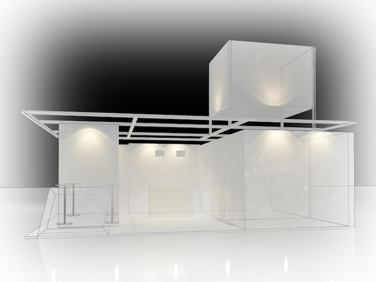 Foto schetsontwerp van 3d-rendering van de tentoonstellingskiosk