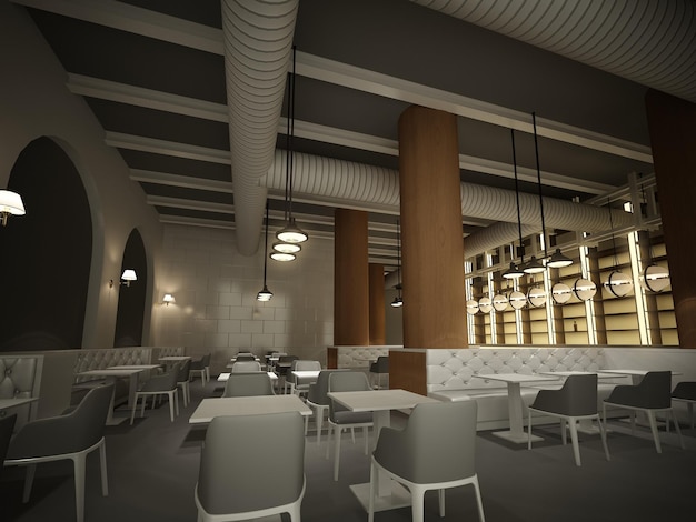 schetsontwerp van interieur restaurant, 3D-rendering