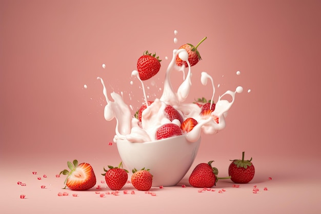 Scheutje lekkere yoghurt en verse aardbeien op roze achtergrond Generatieve AI