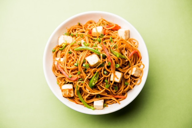 Schezwan hakka noodles with paneer or cottage cheese. Served in a bowl. selective focus