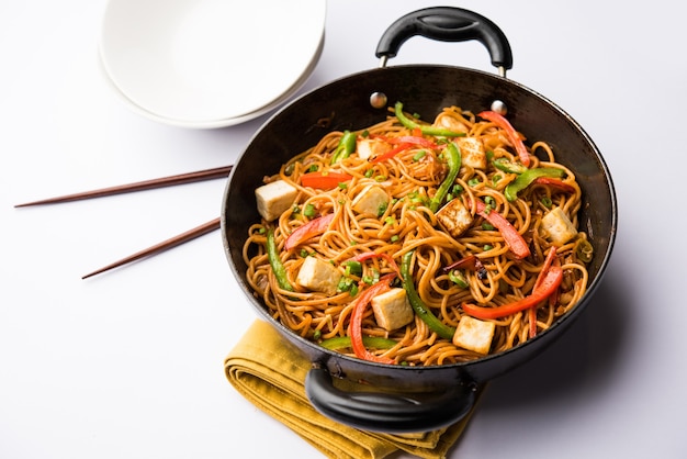 Schezwan hakka noodles with paneer or cottage cheese. Served in a bowl. selective focus