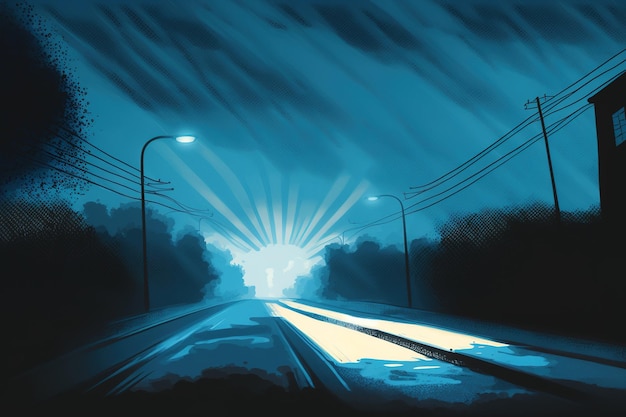 Schijnwerpers en lichtstralen een kale donkere omgeving met een blauw licht een straat met blauw asfalt en rook