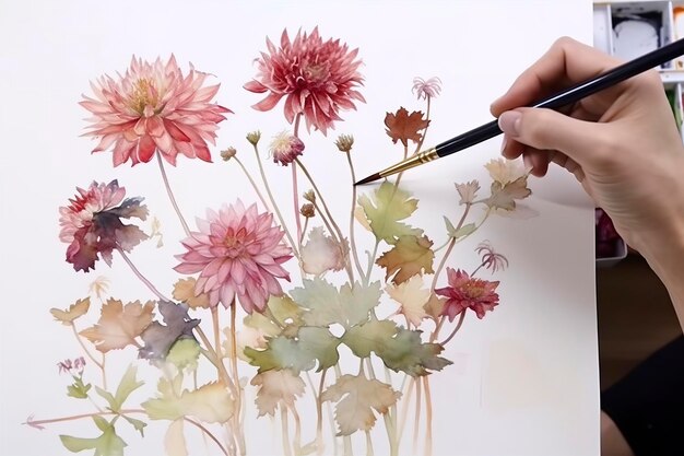 Schilder een reeks waterverfbloemen in verschillende bloeistadia van een strakke knop tot een volledig open bloesem die ai genereert
