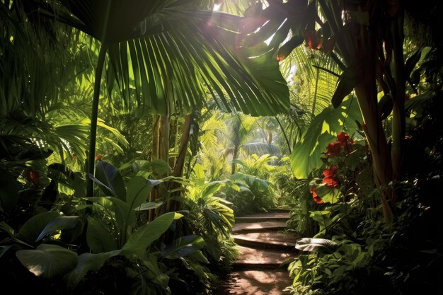 Foto schilderachtig bospad omringd door weelderig groen en planten