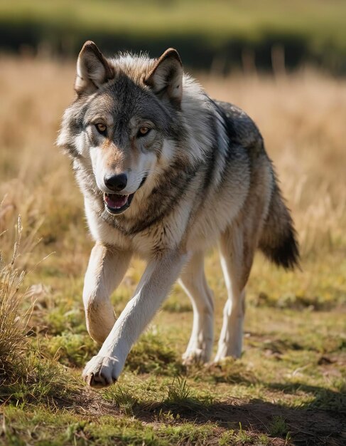 Schilderachtig landschap een wilde wolf die naar de camera rent