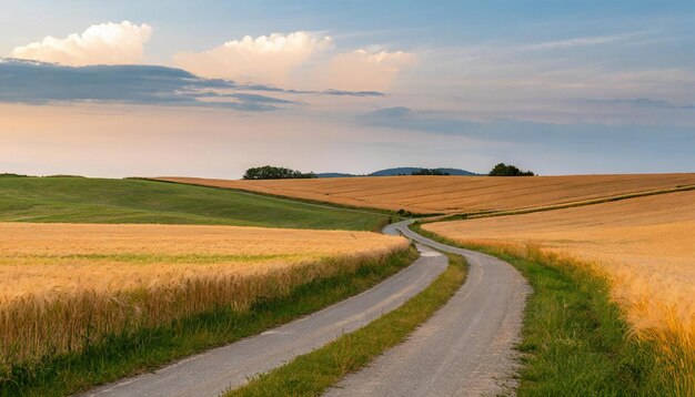 Foto schilderachtig landschap met golvende gerstvelden in tweeën gesneden door een smalle oude landweg