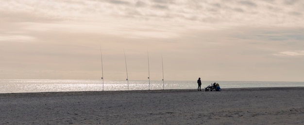 Schilderachtig landschap. Silhouet van visser, palmbomen, berg aan de oevers van de middellandse zee