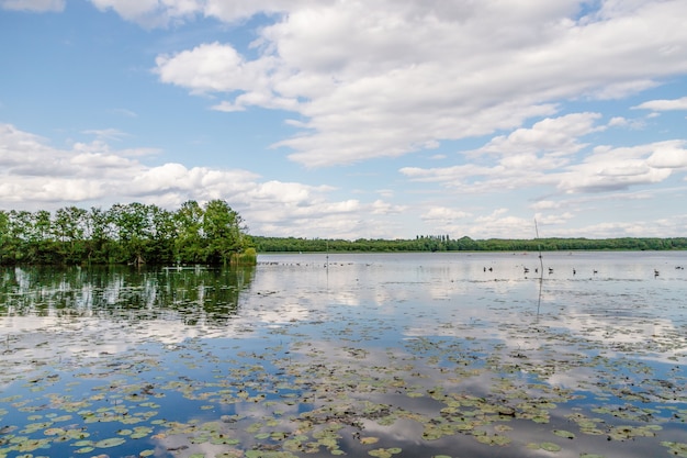 Schilderachtig meer in een Duitse stad Zossen, Duitsland. Reflectie lucht in het water