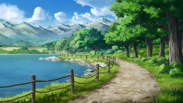 Schilderachtig pad langs het meer te midden van bergen doordrenkt van anime charme