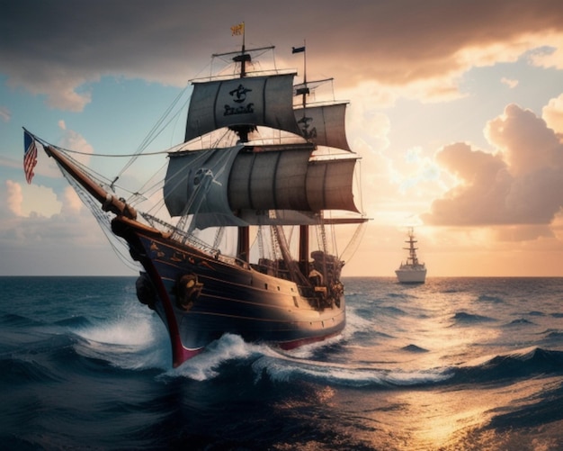 Schilderachtig piratenschip op de prachtige zeeën