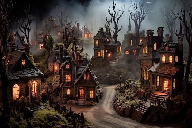 Schilderachtig stadje rechtstreeks uit een spookachtig verhalenboek met mistige huizen met spinnenwebben en nieuwsgierige personages