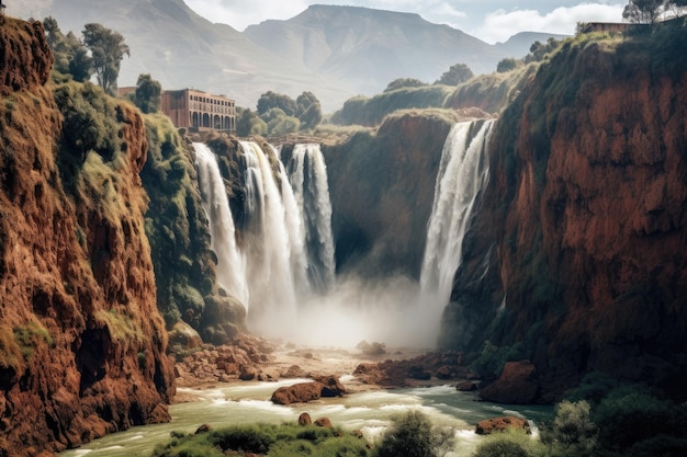 Schilderachtig uitzicht op de Seljalandsfoss-waterval in Zuid-Afrika Ouzoud-watervallen Grote Atlas in Marokko AI gegenereerd