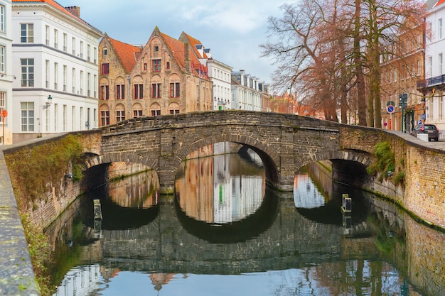 Schilderachtig uitzicht op de stad op het kanaal en de brug van Brugge