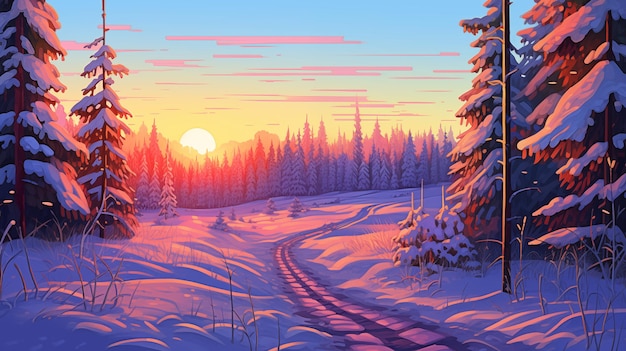 Foto schilderachtig uitzicht op een winterbospad tegen de achtergrond van de zonsondergang