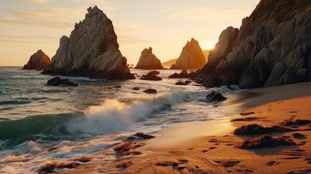 Foto schilderachtig uitzicht op golven die tegen rotsen op het zandstrand botsen geschikt voor reisbrochures