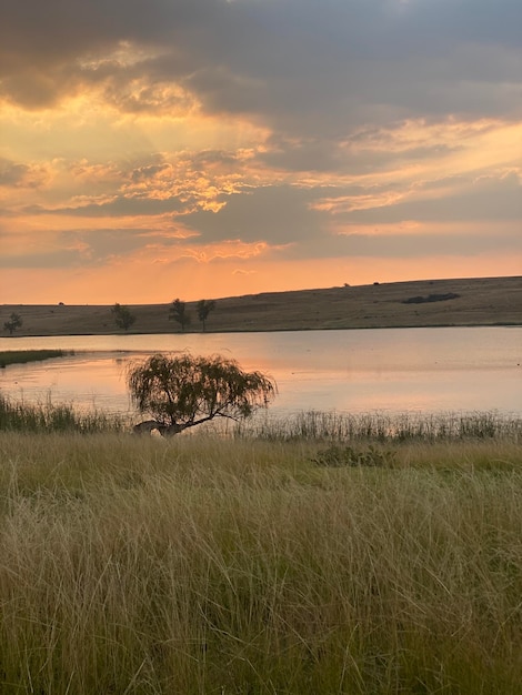 Foto schilderachtig uitzicht op het meer tegen de hemel tijdens de zonsondergang