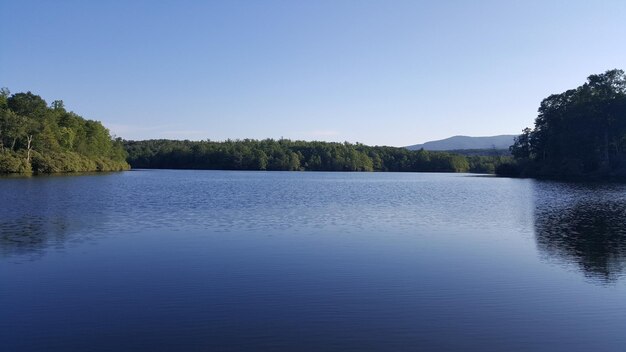 Foto schilderachtig uitzicht op het meer tegen een heldere blauwe lucht