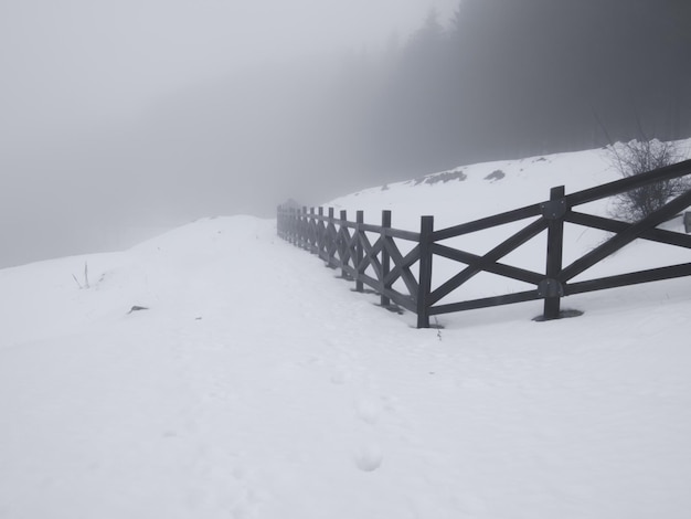 Foto schilderachtig uitzicht op het met sneeuw bedekte landschap tegen de lucht