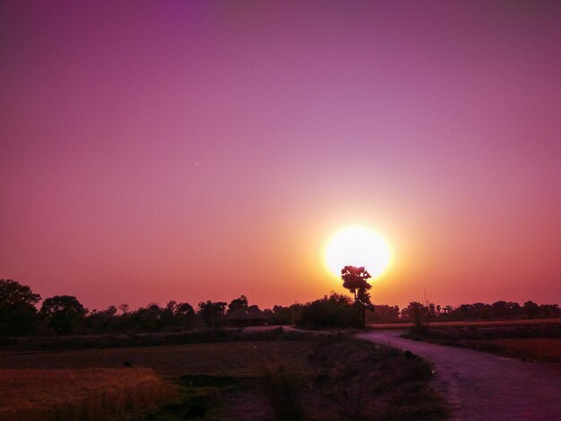 Foto schilderachtig uitzicht op het veld tegen de hemel bij zonsondergang