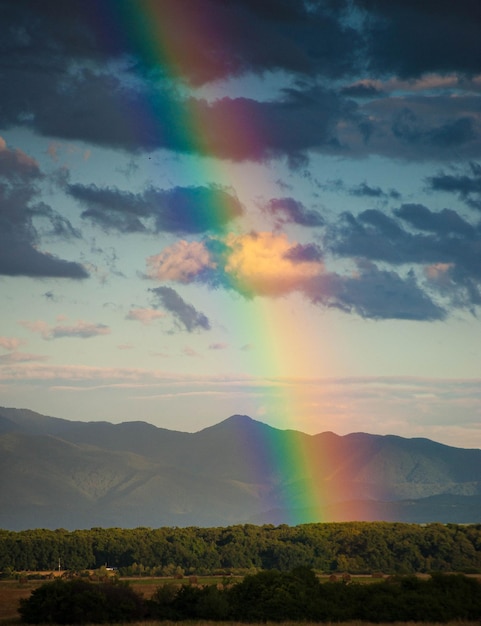 Schilderachtig uitzicht op het veld tegen de hemel tijdens zonsondergang met regenboog