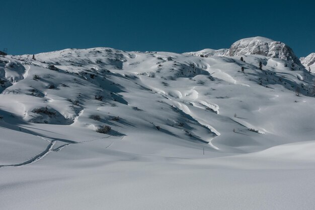 Foto schilderachtig uitzicht op sneeuwbergen tegen de hemel