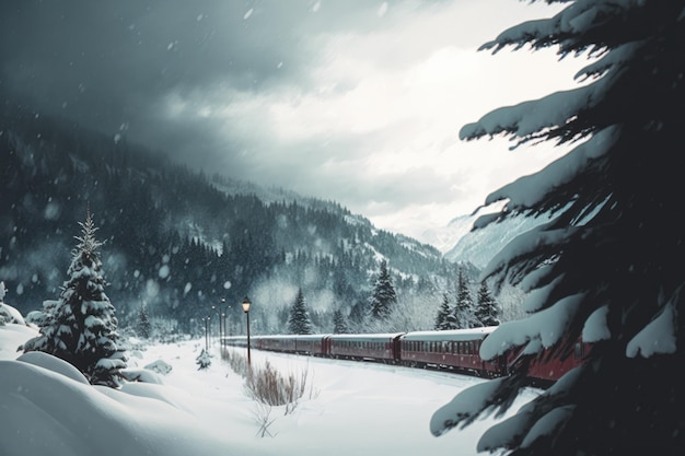 Schilderachtig winterlandschap met trein in bergen gemaakt met behulp van generatieve AI-technologie